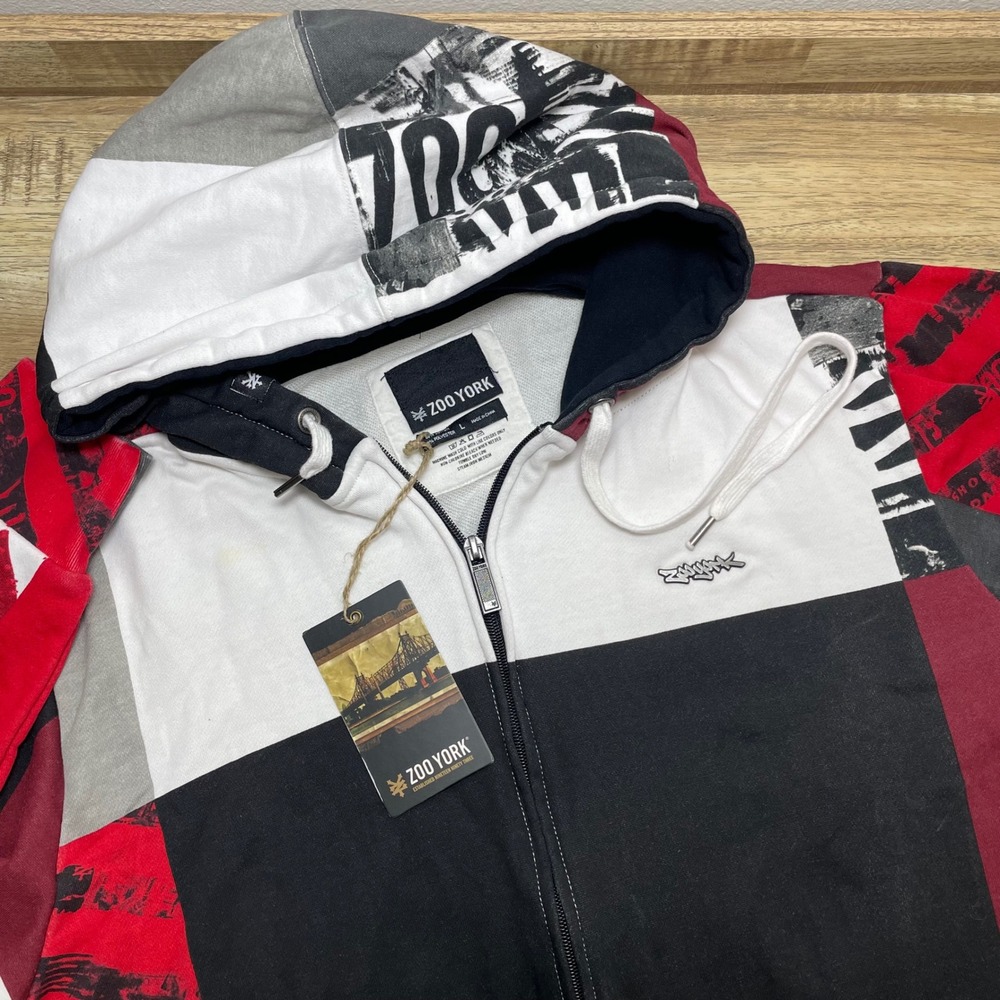 Zoo York Mens Colorblock Patchwork Full Zip Hoodie Red Black White Graphic L New